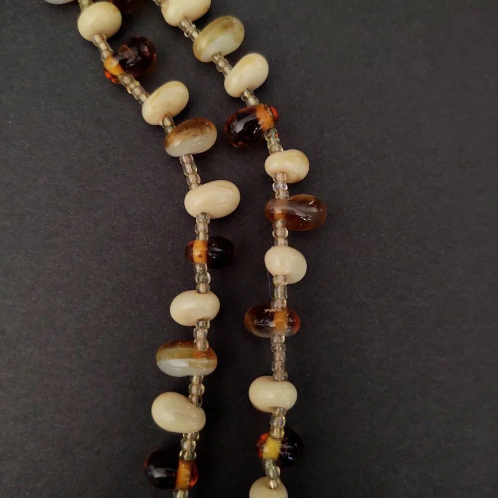 Honey, amber, beige, cream and cognac glass beaded necklace w/seed bead …
